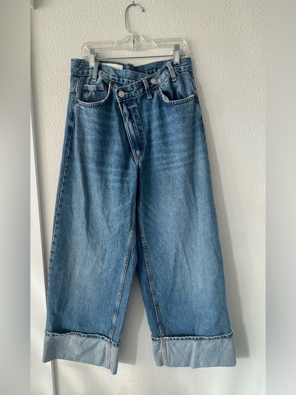Zara Crossover Wide Leg Asymmetric Waist Jeans Cuffed Hem Size 6 (EUR 38)